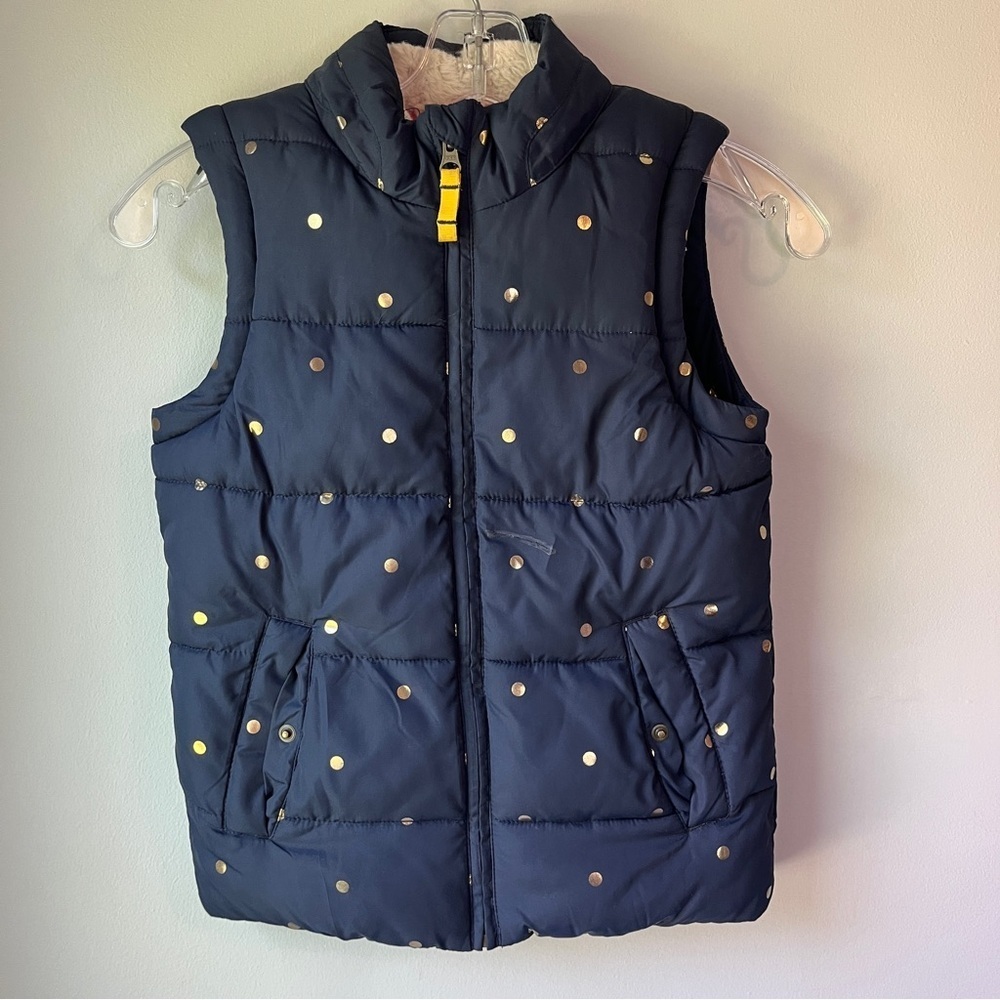 Mini Boden Navy Puffer Vest with Gold Polka Dots Faux Fur Lined